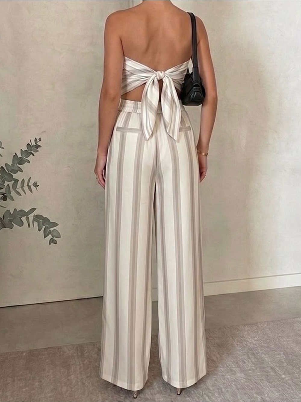 Strapless Wide-Leg Stripe 2 Piece Set in Neutral Cream Taupe - Picture 2 of 11